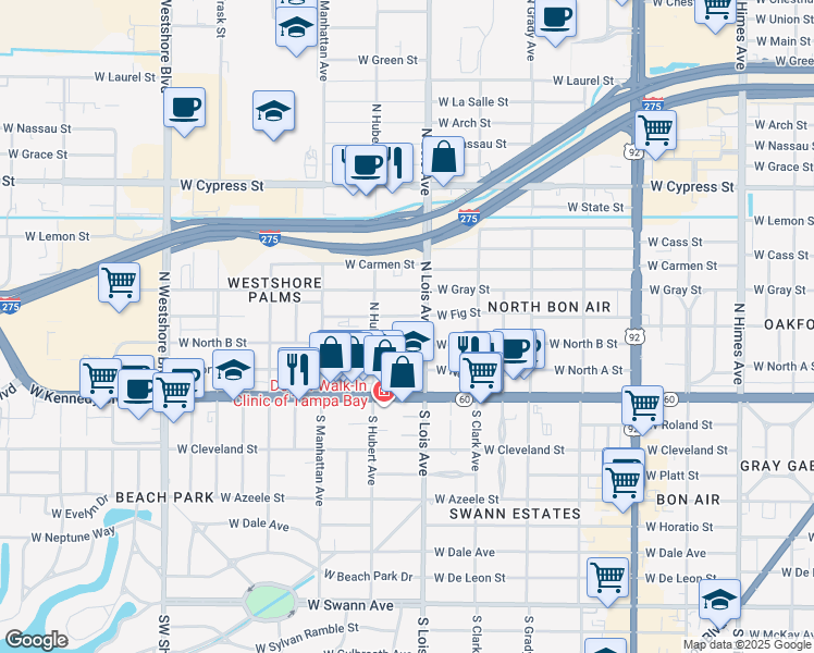map of restaurants, bars, coffee shops, grocery stores, and more near 4211 West Fig Street in Tampa