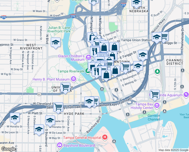 map of restaurants, bars, coffee shops, grocery stores, and more near 400 North Ashley Drive in Tampa