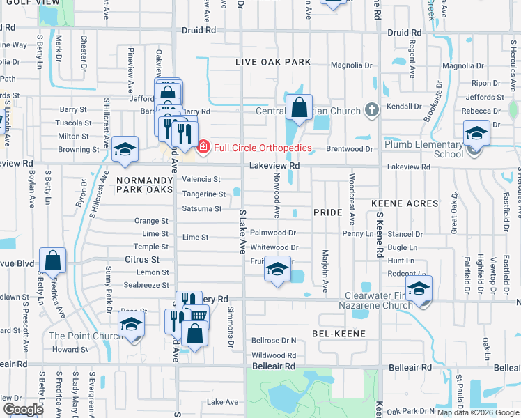 map of restaurants, bars, coffee shops, grocery stores, and more near 1617 Balmoral Drive in Clearwater
