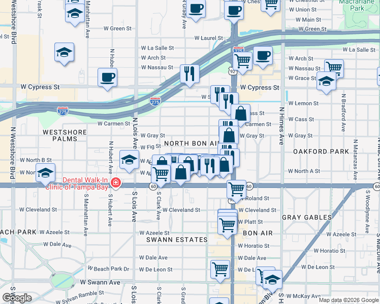 map of restaurants, bars, coffee shops, grocery stores, and more near 3913 West Fig Street in Tampa