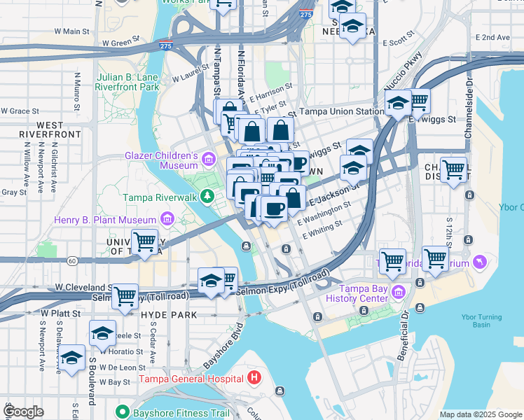 map of restaurants, bars, coffee shops, grocery stores, and more near 403 North Franklin Street in Tampa