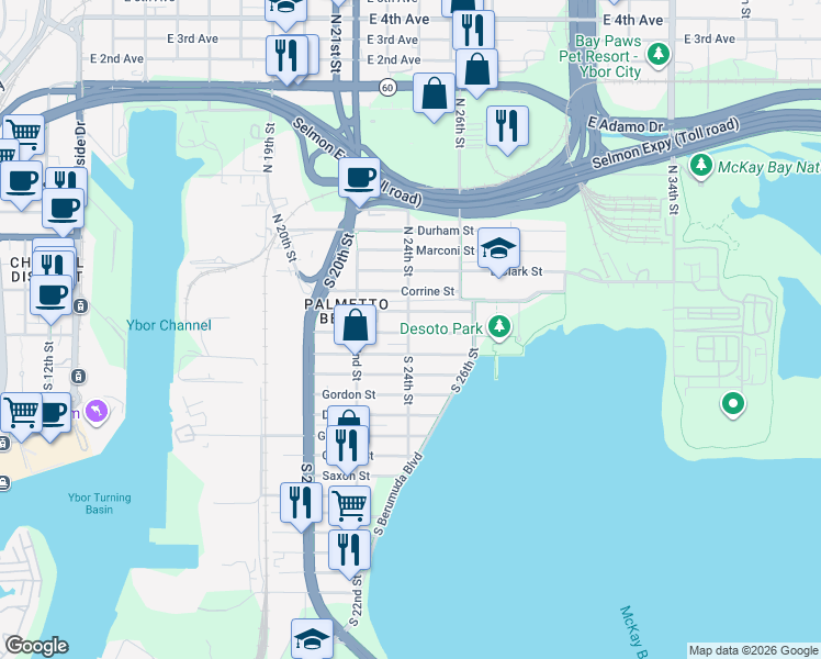 map of restaurants, bars, coffee shops, grocery stores, and more near 2402 Harper Street in Tampa