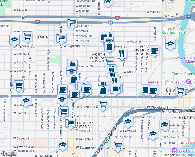 map of restaurants, bars, coffee shops, grocery stores, and more near 404 North Fremont Avenue in Tampa