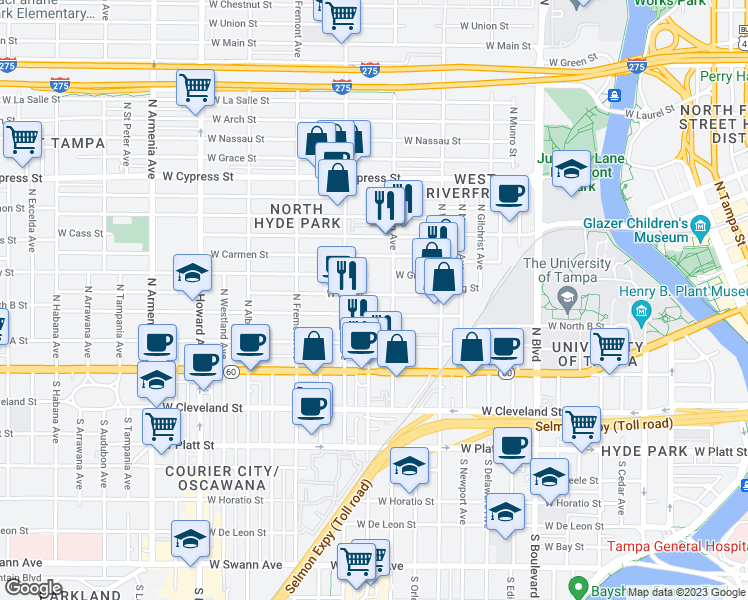 map of restaurants, bars, coffee shops, grocery stores, and more near 1510 West Fig Street in Tampa