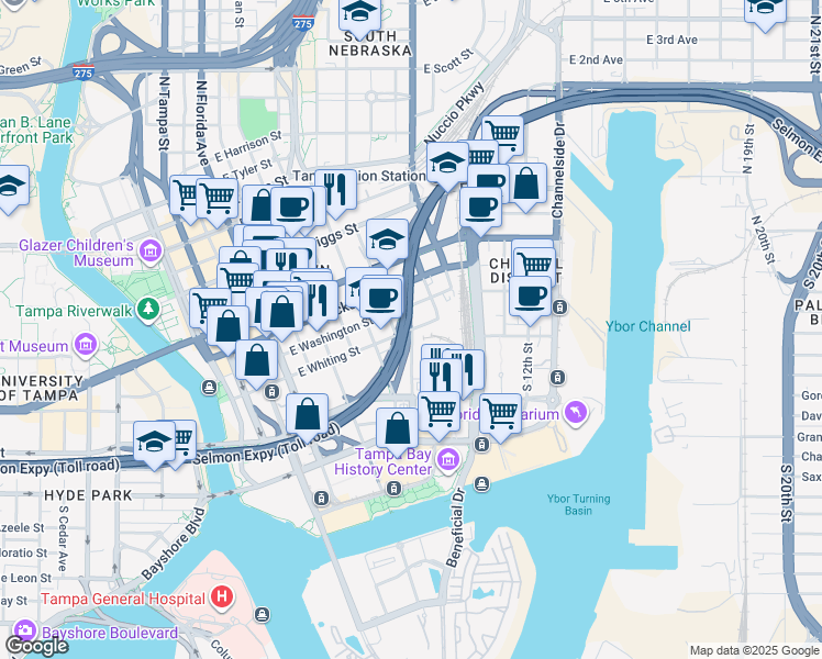 map of restaurants, bars, coffee shops, grocery stores, and more near 901 East Washington Street in Tampa