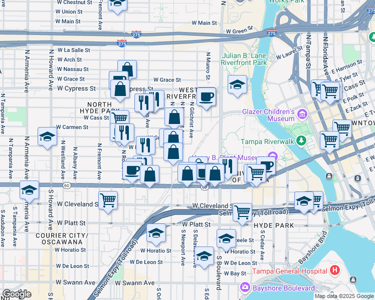 map of restaurants, bars, coffee shops, grocery stores, and more near 501 North Newport Avenue in Tampa