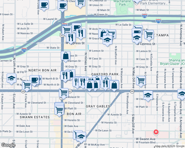 map of restaurants, bars, coffee shops, grocery stores, and more near 3408 West Gray Street in Tampa