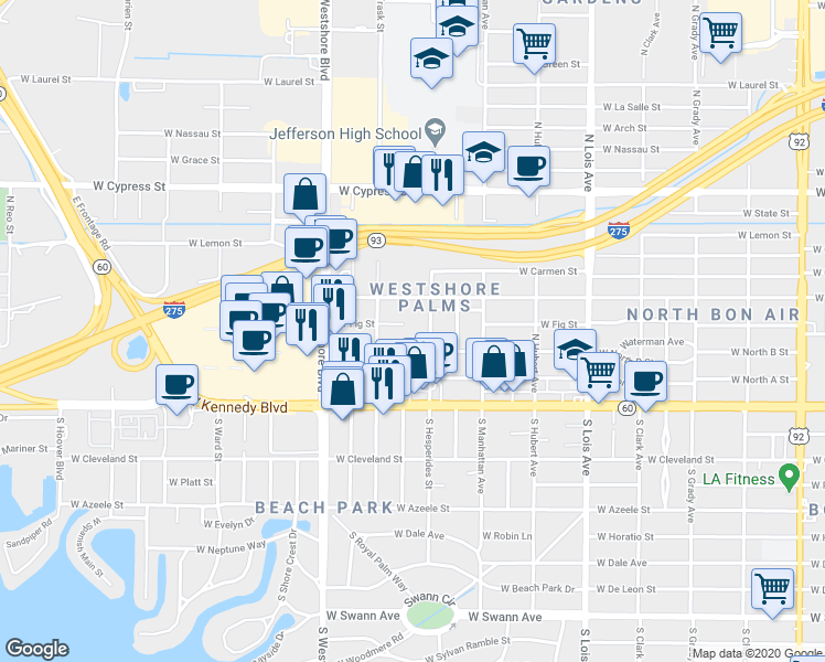 map of restaurants, bars, coffee shops, grocery stores, and more near 4510 West Fig Street in Tampa