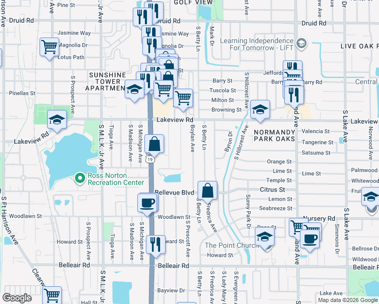 map of restaurants, bars, coffee shops, grocery stores, and more near 1343 Boylan Avenue in Clearwater