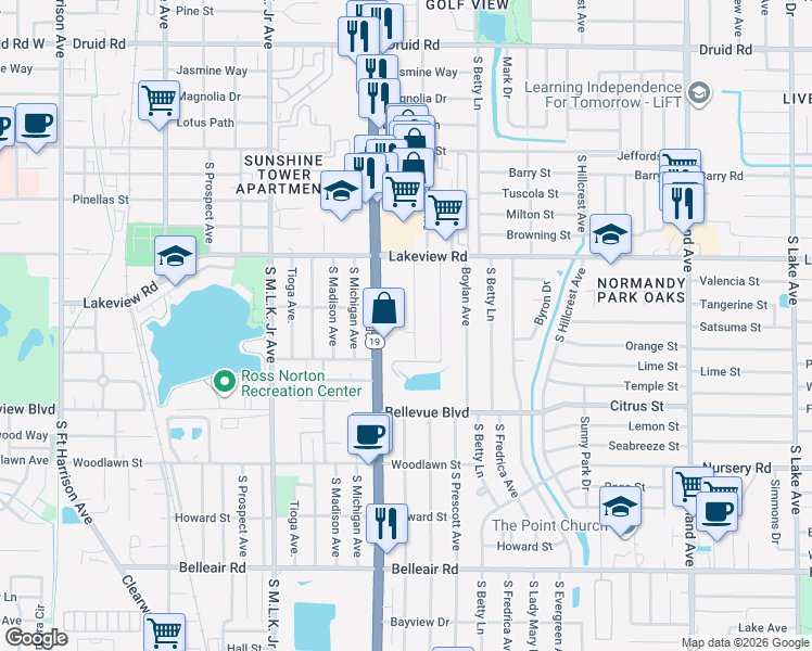 map of restaurants, bars, coffee shops, grocery stores, and more near 1217 Lakeview Road in Clearwater
