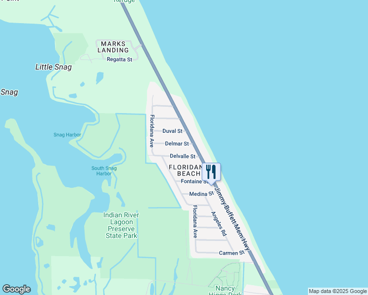 map of restaurants, bars, coffee shops, grocery stores, and more near 105 Delmar Street in Melbourne Beach