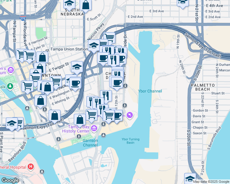 map of restaurants, bars, coffee shops, grocery stores, and more near 105 North 11th Street in Tampa