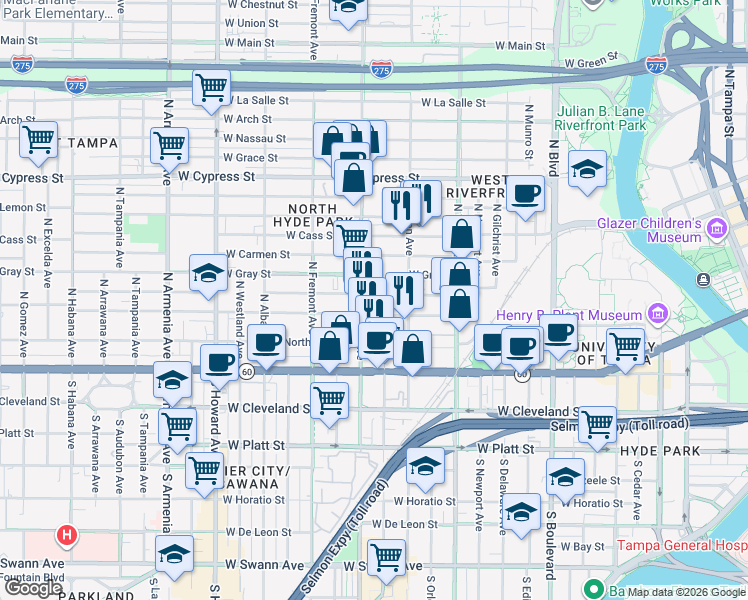 map of restaurants, bars, coffee shops, grocery stores, and more near 405 North Rome Avenue in Tampa