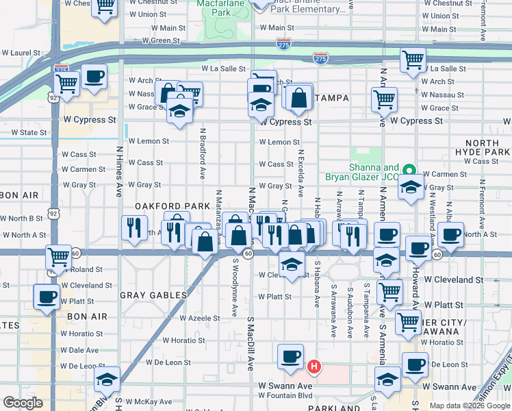 map of restaurants, bars, coffee shops, grocery stores, and more near 3015 West North B Street in Tampa