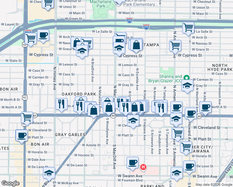 map of restaurants, bars, coffee shops, grocery stores, and more near 3015 West North B Street in Tampa