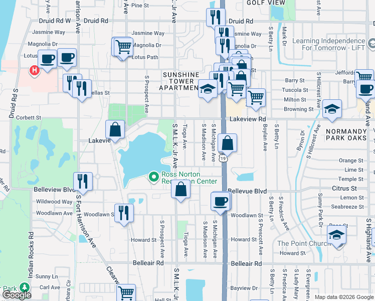 map of restaurants, bars, coffee shops, grocery stores, and more near 1363 Tioga Avenue in Clearwater