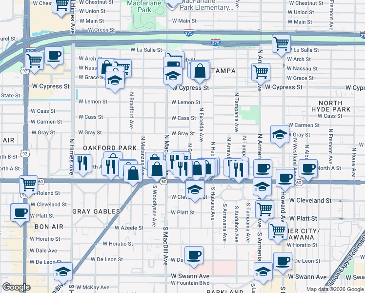 map of restaurants, bars, coffee shops, grocery stores, and more near 310 North New Jersey Avenue in Tampa