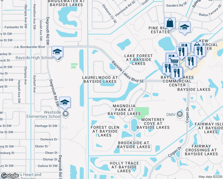 map of restaurants, bars, coffee shops, grocery stores, and more near 1845 Winding Ridge Circle Southeast in Palm Bay