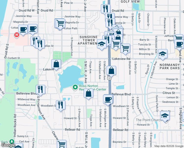 map of restaurants, bars, coffee shops, grocery stores, and more near in Clearwater