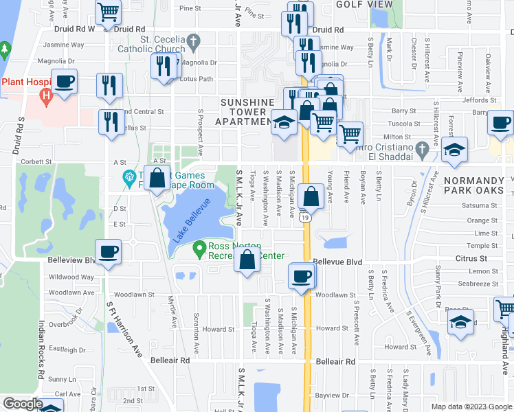 map of restaurants, bars, coffee shops, grocery stores, and more near in Clearwater