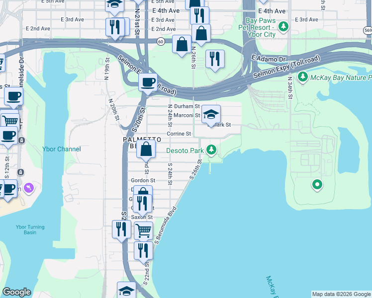 map of restaurants, bars, coffee shops, grocery stores, and more near 2422 Harper Street in Tampa