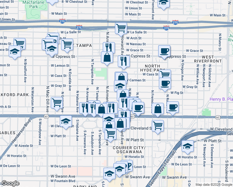 map of restaurants, bars, coffee shops, grocery stores, and more near 2305 West Fig Street in Tampa