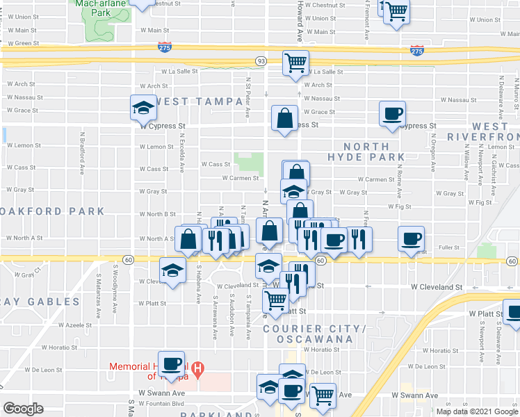 map of restaurants, bars, coffee shops, grocery stores, and more near 2323 West Fig Street in Tampa