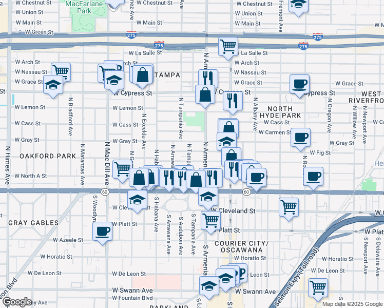 map of restaurants, bars, coffee shops, grocery stores, and more near 2501 West Fig Street in Tampa