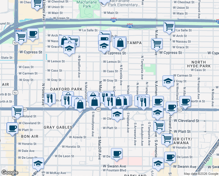 map of restaurants, bars, coffee shops, grocery stores, and more near 310 North New Jersey Avenue in Tampa