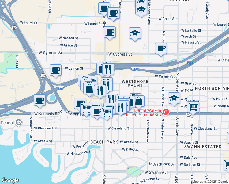 map of restaurants, bars, coffee shops, grocery stores, and more near 4607 West Fig Street in Tampa