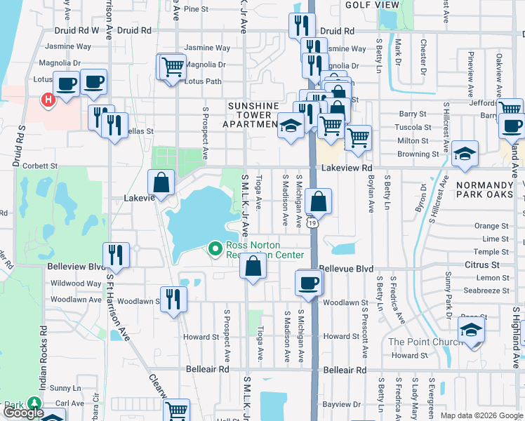 map of restaurants, bars, coffee shops, grocery stores, and more near in Clearwater