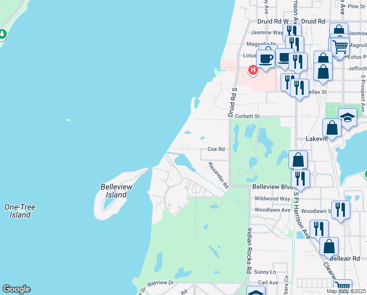 map of restaurants, bars, coffee shops, grocery stores, and more near 99 Coe Road in Belleair
