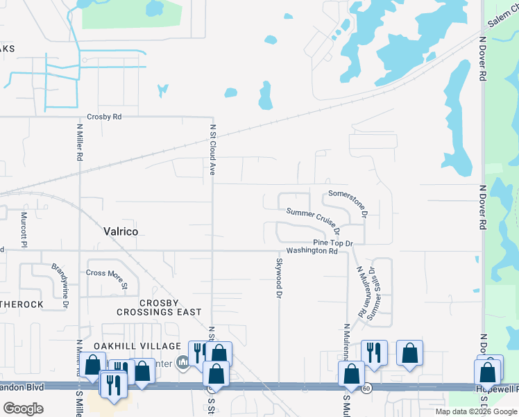map of restaurants, bars, coffee shops, grocery stores, and more near 3015 Summer Cruise Drive in Valrico