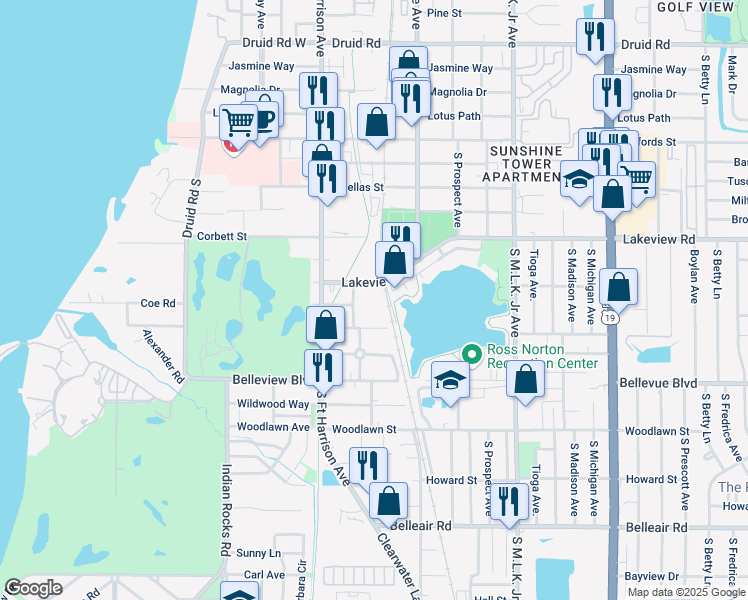 map of restaurants, bars, coffee shops, grocery stores, and more near 699 Lakeview Road in Clearwater