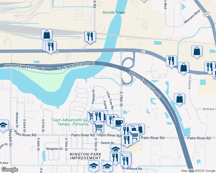 map of restaurants, bars, coffee shops, grocery stores, and more near 7022 Rivergate Drive in Tampa
