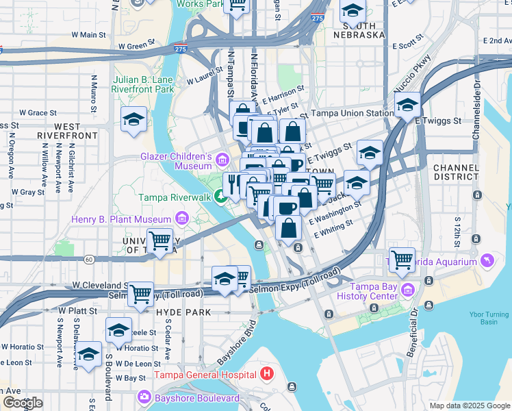 map of restaurants, bars, coffee shops, grocery stores, and more near 108 East Madison Street in Tampa