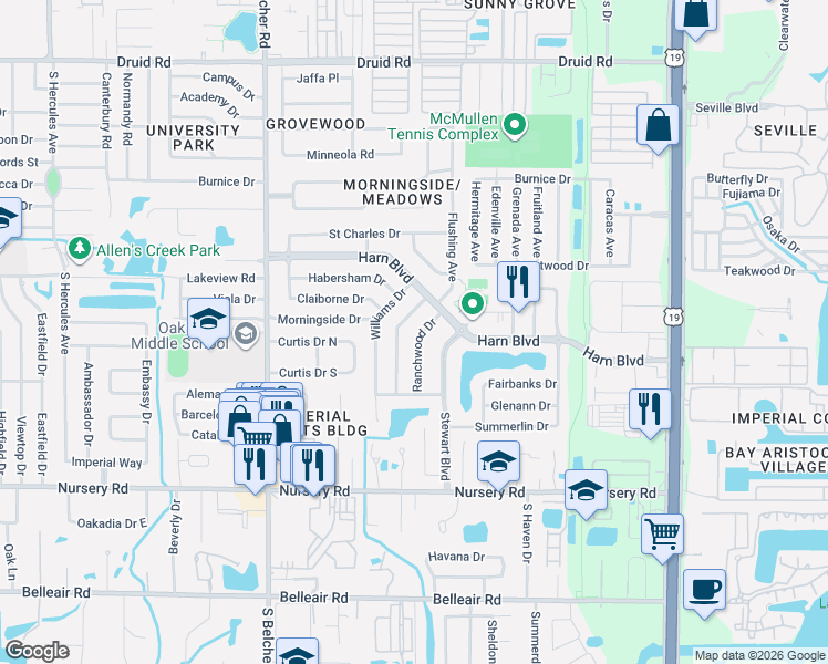 map of restaurants, bars, coffee shops, grocery stores, and more near 1308 Ranchwood Drive in Clearwater