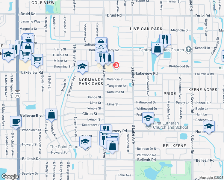 map of restaurants, bars, coffee shops, grocery stores, and more near 1505 Tangerine Street in Clearwater