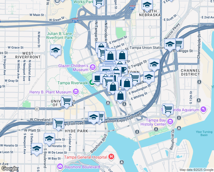 map of restaurants, bars, coffee shops, grocery stores, and more near 400 North Tampa Street in Tampa