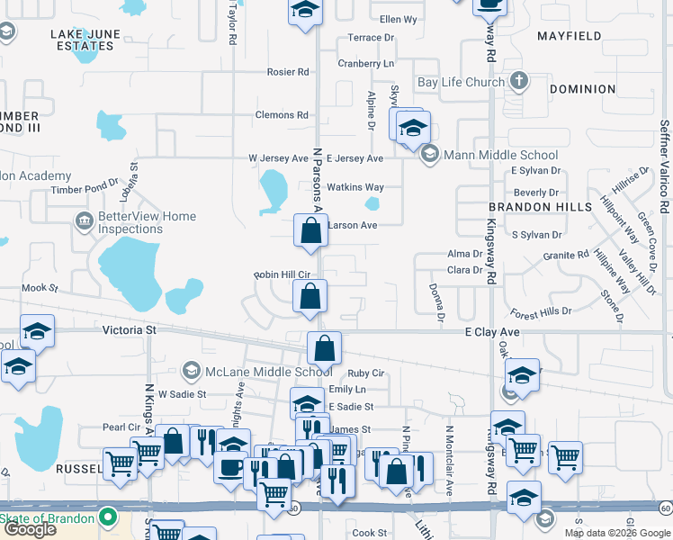 map of restaurants, bars, coffee shops, grocery stores, and more near 103 Summerfield Way in Brandon