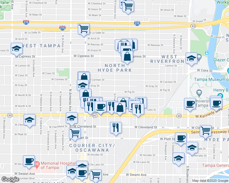 map of restaurants, bars, coffee shops, grocery stores, and more near 401 North Fremont Avenue in Tampa