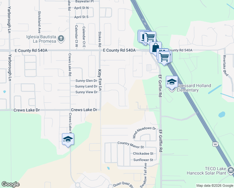 map of restaurants, bars, coffee shops, grocery stores, and more near 6450 Kitty Fox Lane in Lakeland