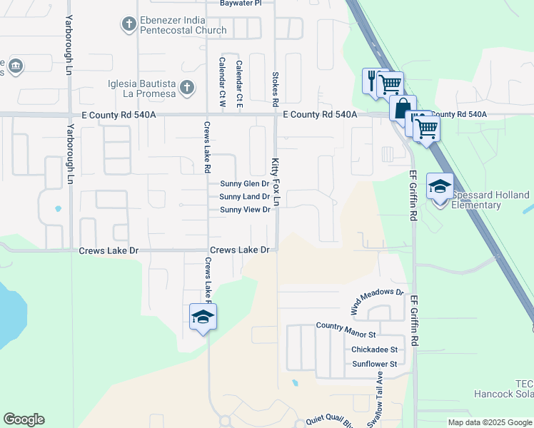 map of restaurants, bars, coffee shops, grocery stores, and more near 4241 Sunny View Drive in Lakeland
