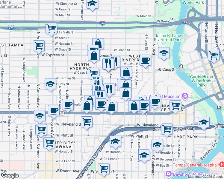 map of restaurants, bars, coffee shops, grocery stores, and more near 1340 West Gray Street in Tampa