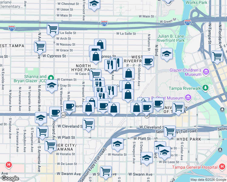 map of restaurants, bars, coffee shops, grocery stores, and more near 1340 West Gray Street in Tampa