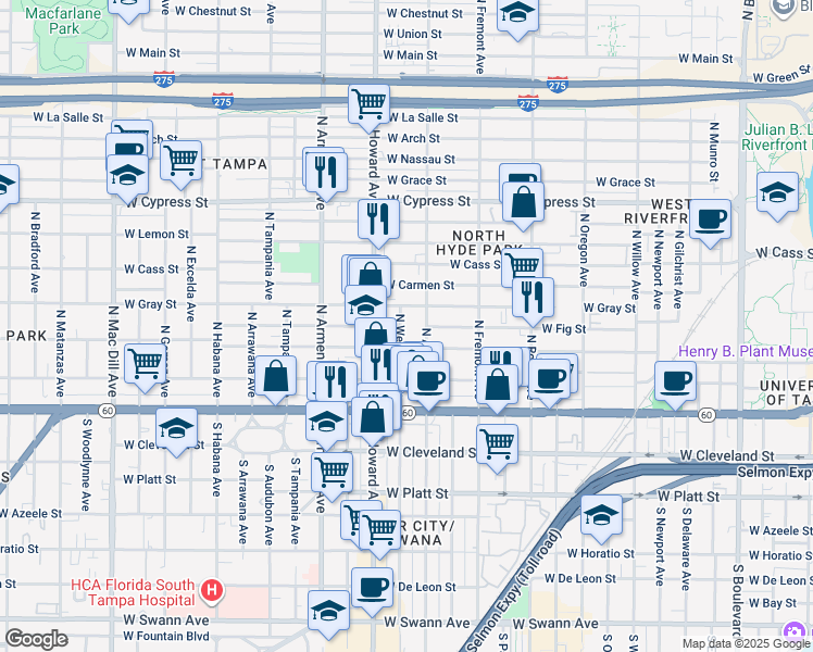 map of restaurants, bars, coffee shops, grocery stores, and more near 404 North Westland Avenue in Tampa