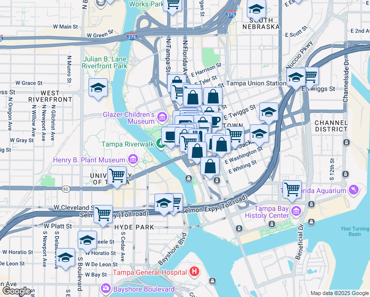 map of restaurants, bars, coffee shops, grocery stores, and more near 400 North Tampa Street in Tampa