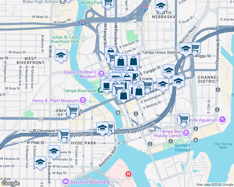 map of restaurants, bars, coffee shops, grocery stores, and more near 108 East Madison Street in Tampa