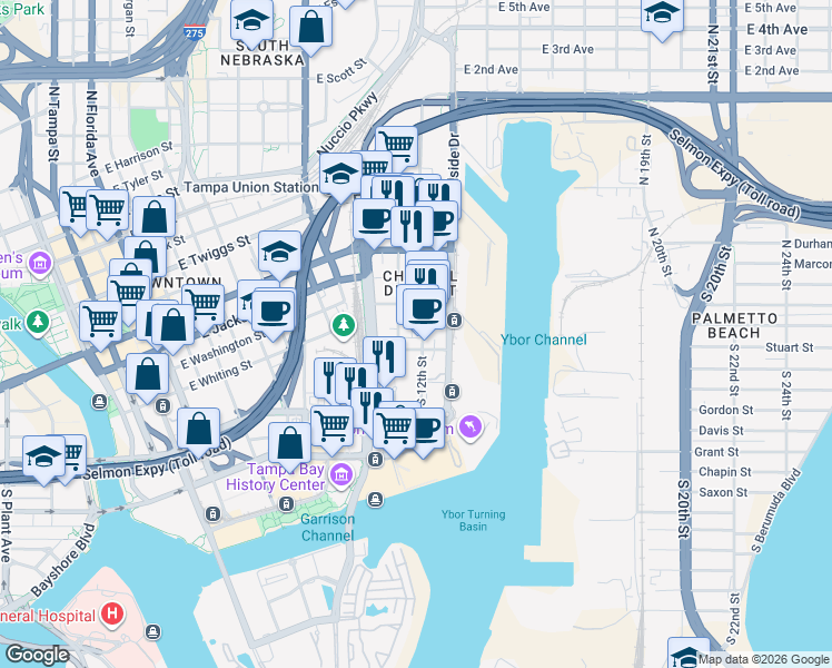 map of restaurants, bars, coffee shops, grocery stores, and more near 104 North 12th Street in Tampa