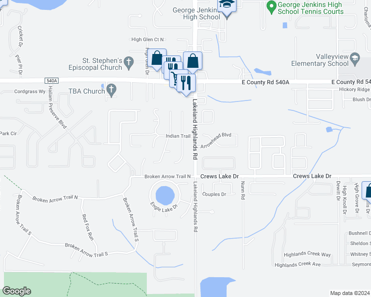 map of restaurants, bars, coffee shops, grocery stores, and more near 6436 Calusa Drive in Lakeland
